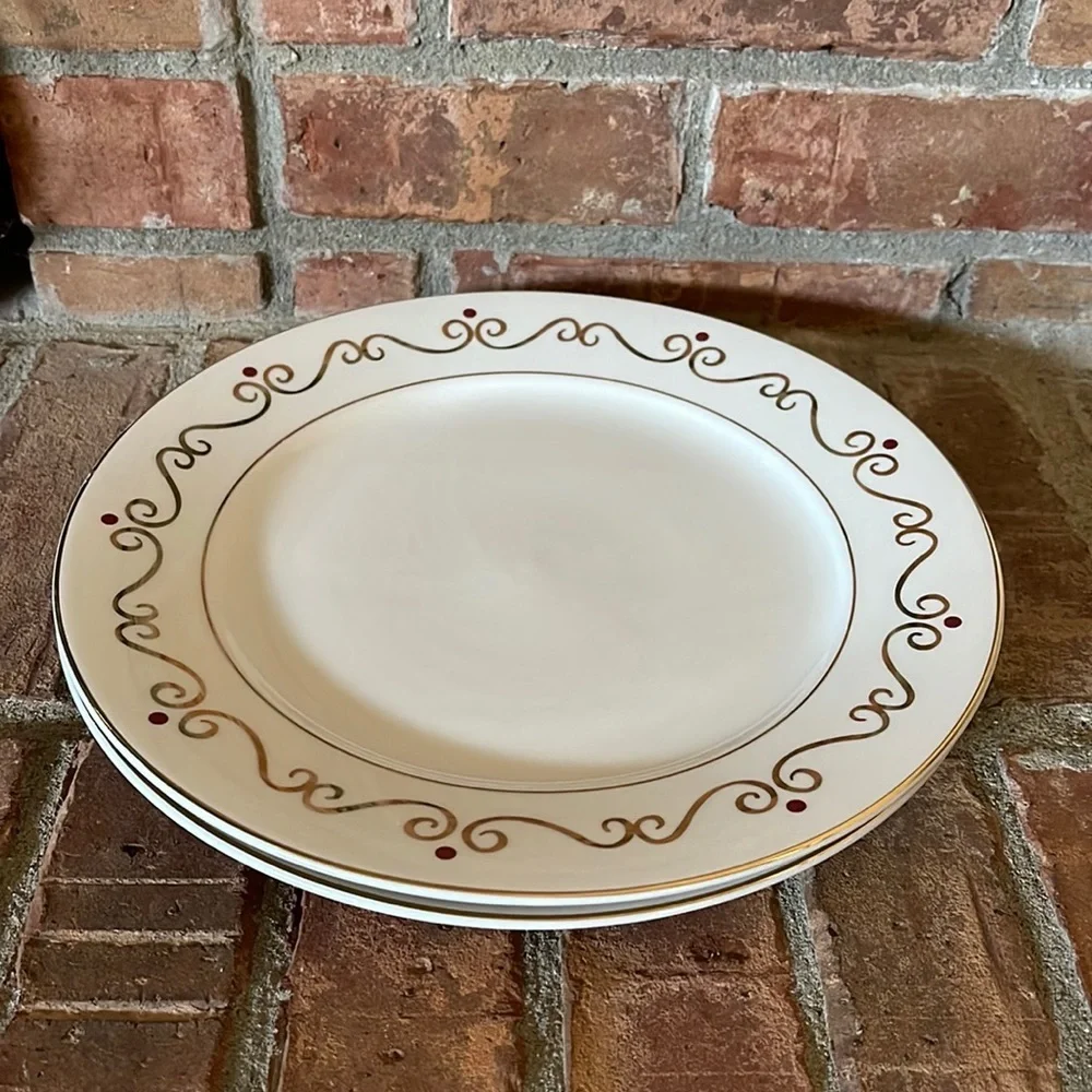 Pier 1 Holiday Scroll Gold Rimmed Porcelain Plates Set of 2